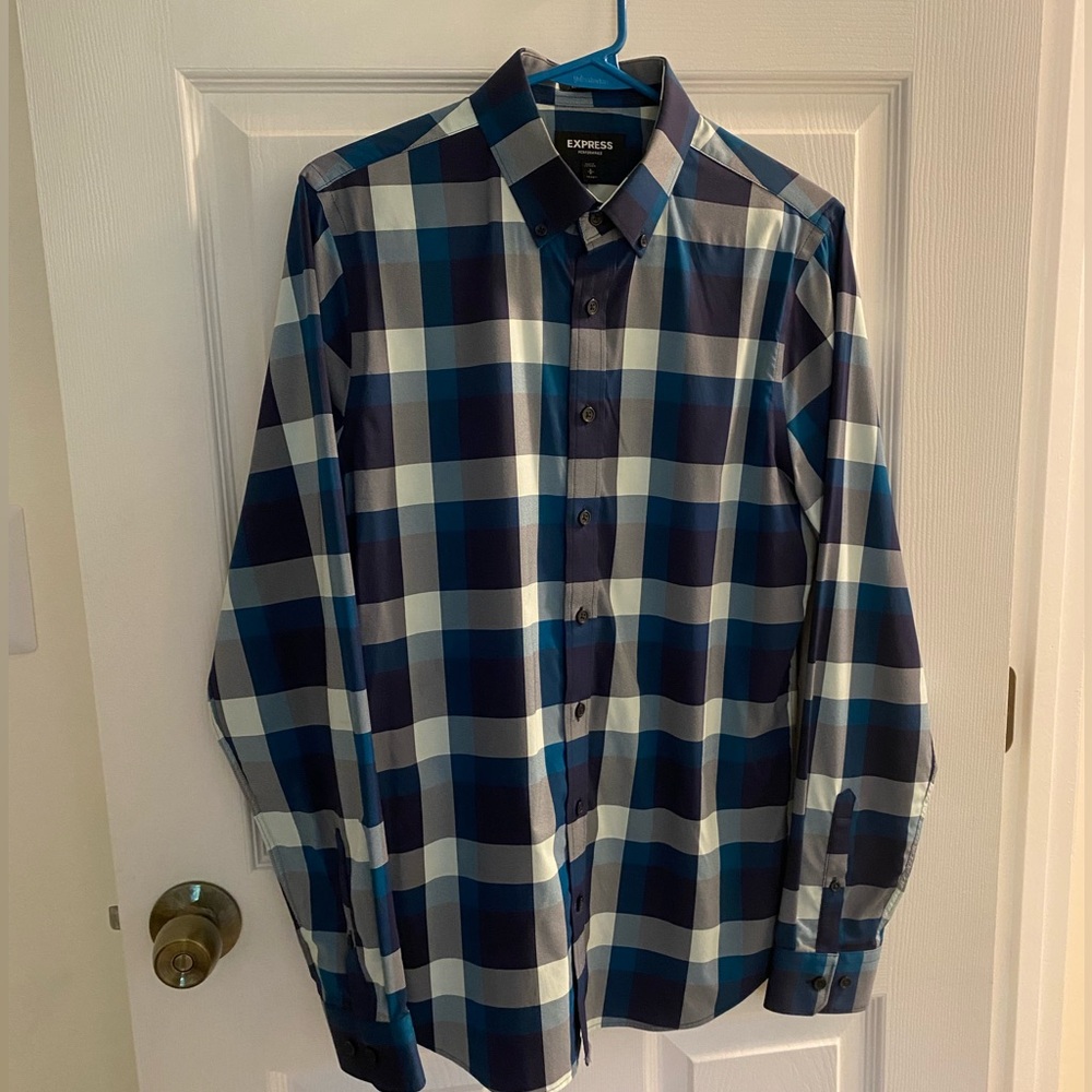 Express Men’s Performance Stretch Button Down, Size S, Navy/Turquoise/White